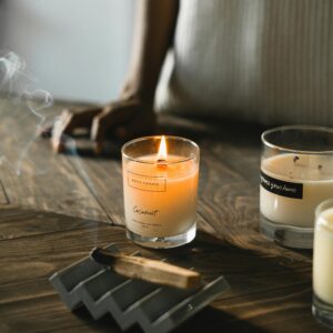 Warm and tranquil ambiance with lit candles and incense, perfect for relaxation.